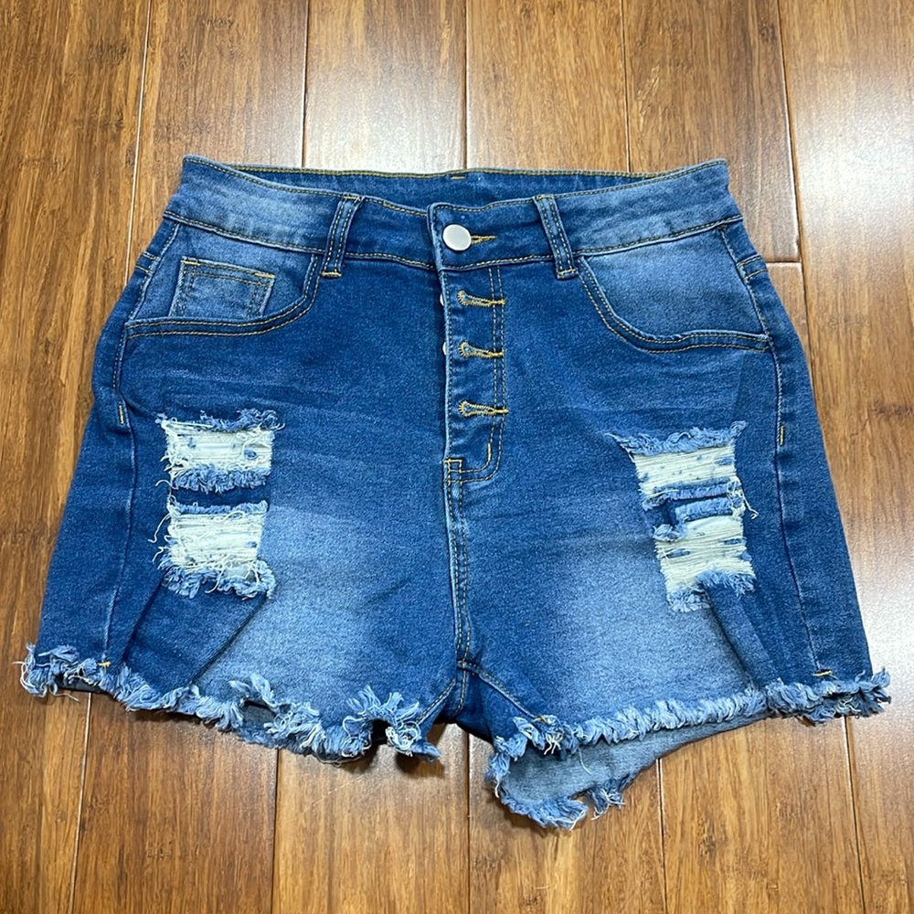 Distressed Blue Denim Cutoff Jean Shorts - Dusty Blue - Size S